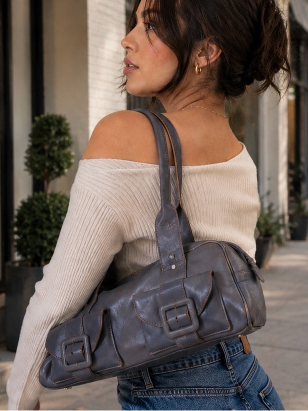 Vintage Kenneth Cole New York Town Square Leather Satchel-RARE Slate Blue Y2K